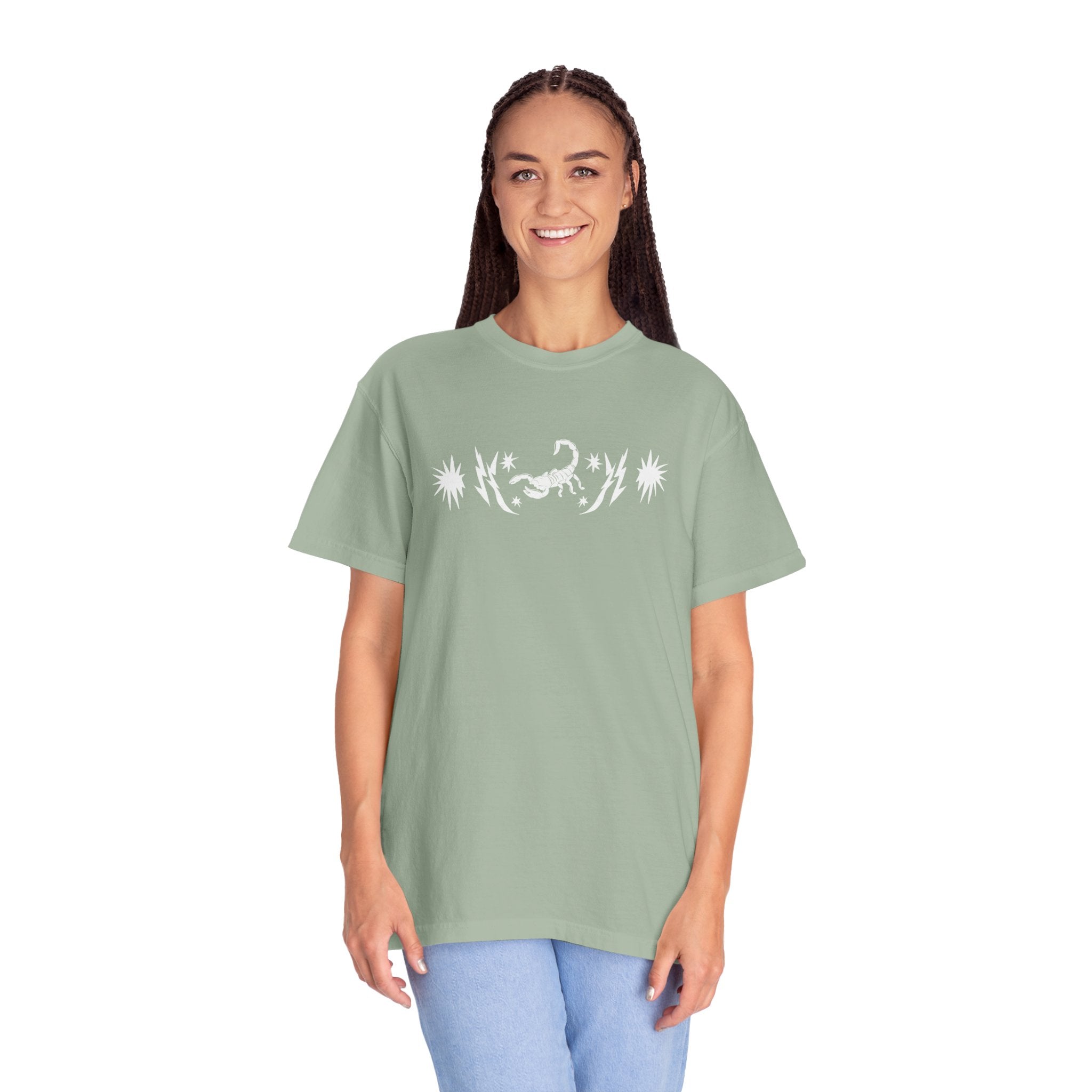 Scorpion Desert Graphic T-Shirt — Sage Garment-Dyed Tee with Stars & Cacti