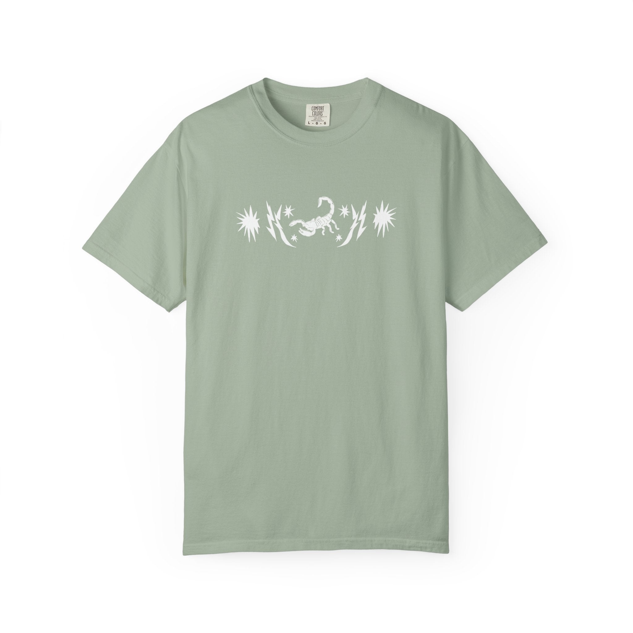 Scorpion Desert Graphic T-Shirt — Sage Garment-Dyed Tee with Stars & Cacti