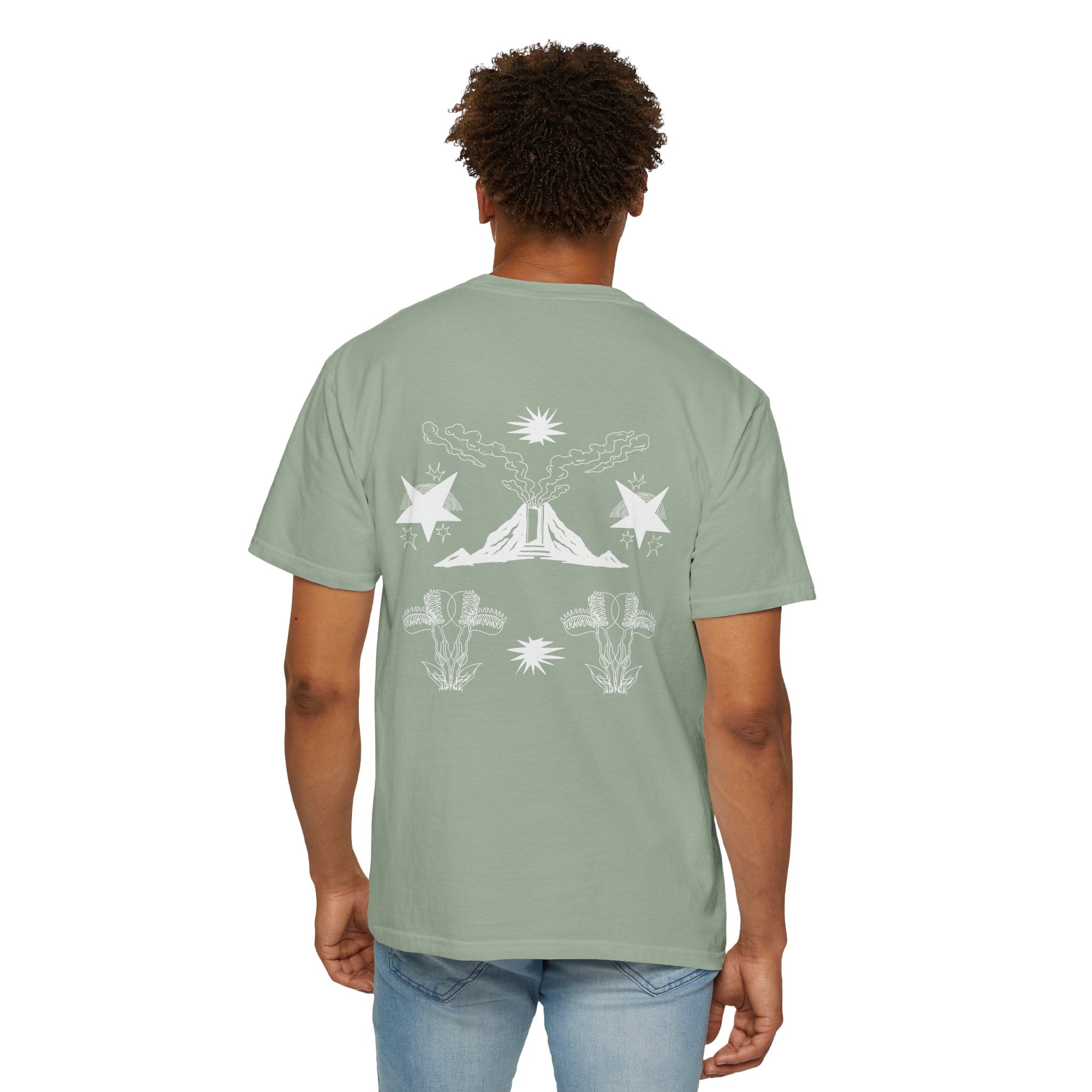 Scorpion Desert Graphic T-Shirt — Sage Garment-Dyed Tee with Stars & Cacti